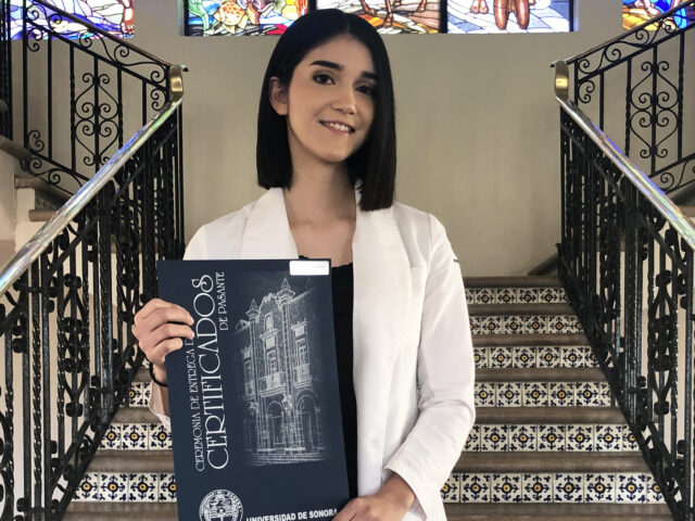 Diana Monge-Sanchez, MD, poses for a photo at Universidad de Sonora, where she attended medical school