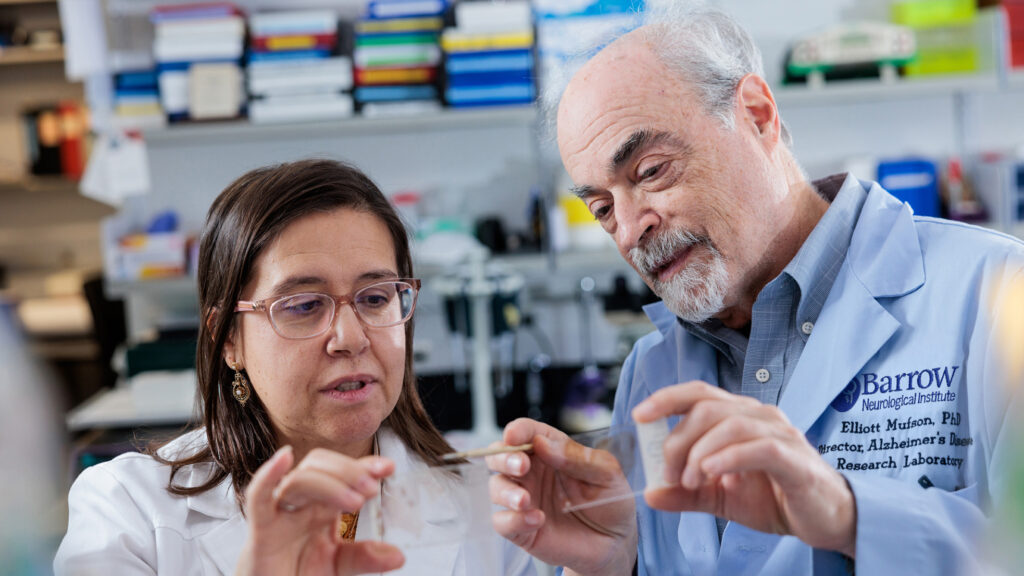 Dr. Sylvia Perez and Dr. Elliott Mufson examine a slide in the laboratory