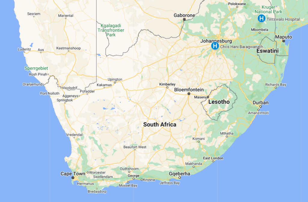 map of south africa showing barrow global neurology affiliated hospitals